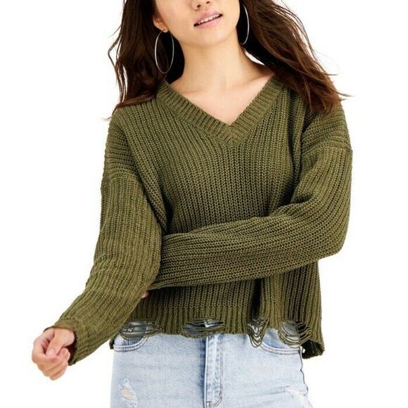 Planet Gold Deconstructed Chenille Sweater Olive Small Knit Long Sleeve V Neck - Picture 1 of 3